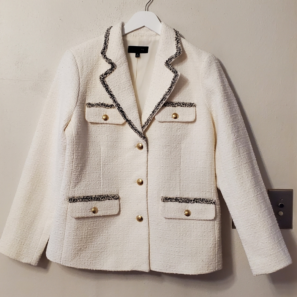Talbots Tweedy Blazer with fringe trim - cream